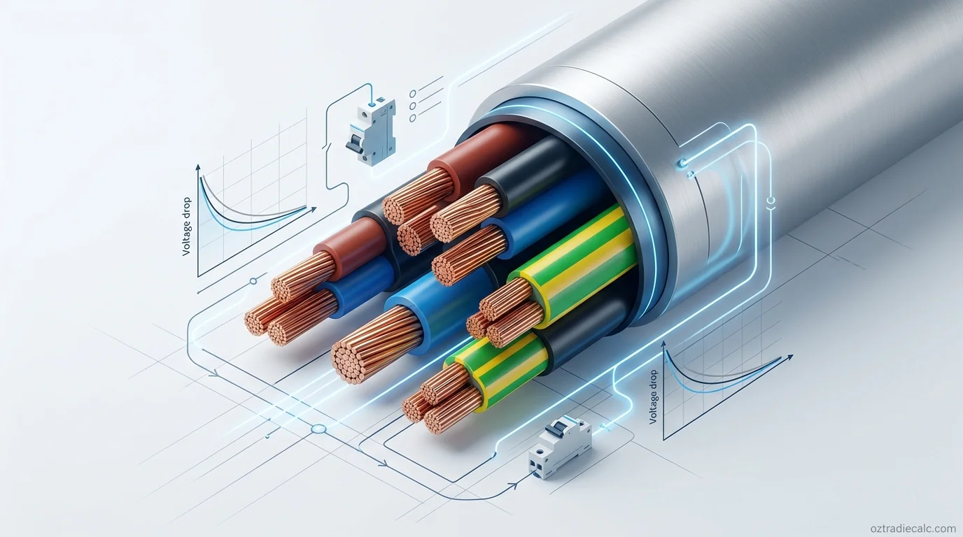 Australian electrical cable sizing diagram showing AS/NZS 3008 Three-Check Method, derating factors, voltage drop, and switchboard circuit breaker coordination