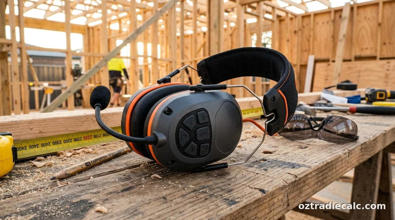 Heavy-duty Bluetooth safety earmuffs with boom microphone resting on Australian residential construction site timber workbench