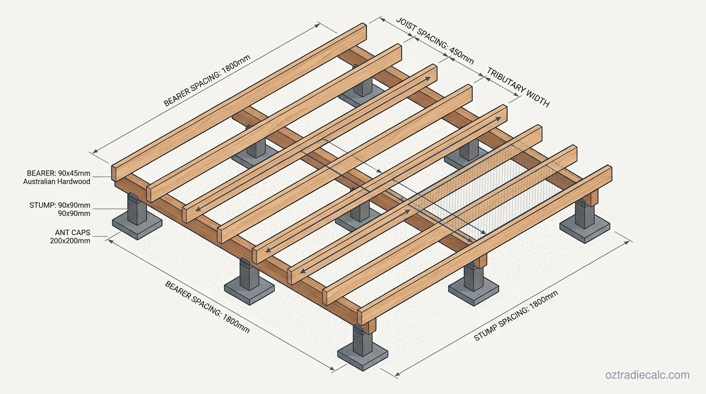 Subfloor timber framing diagram showing stumps, bearers, and joist tributary width under AS 1684