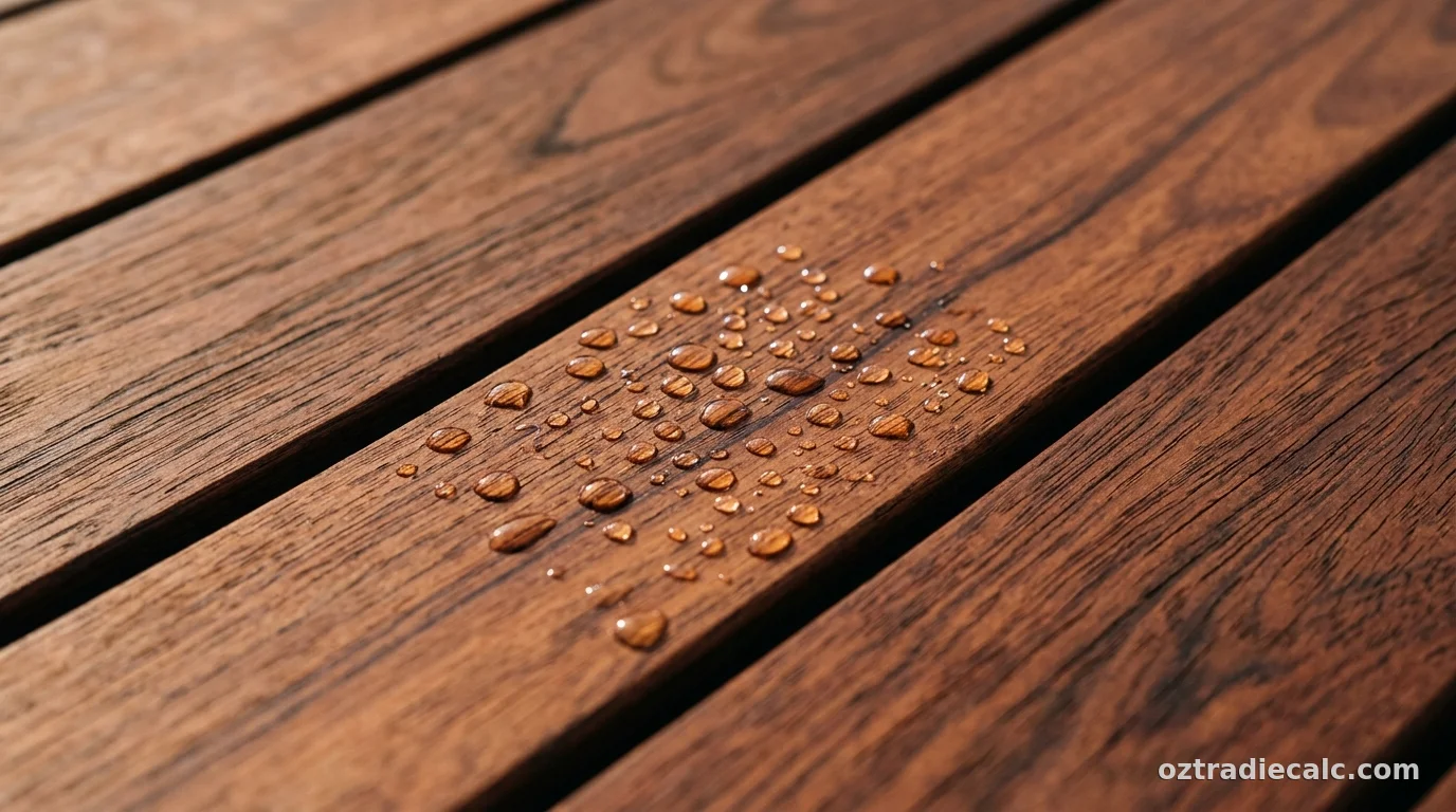 Australian Merbau timber decking boards showing water drop test and timber oil preparation
