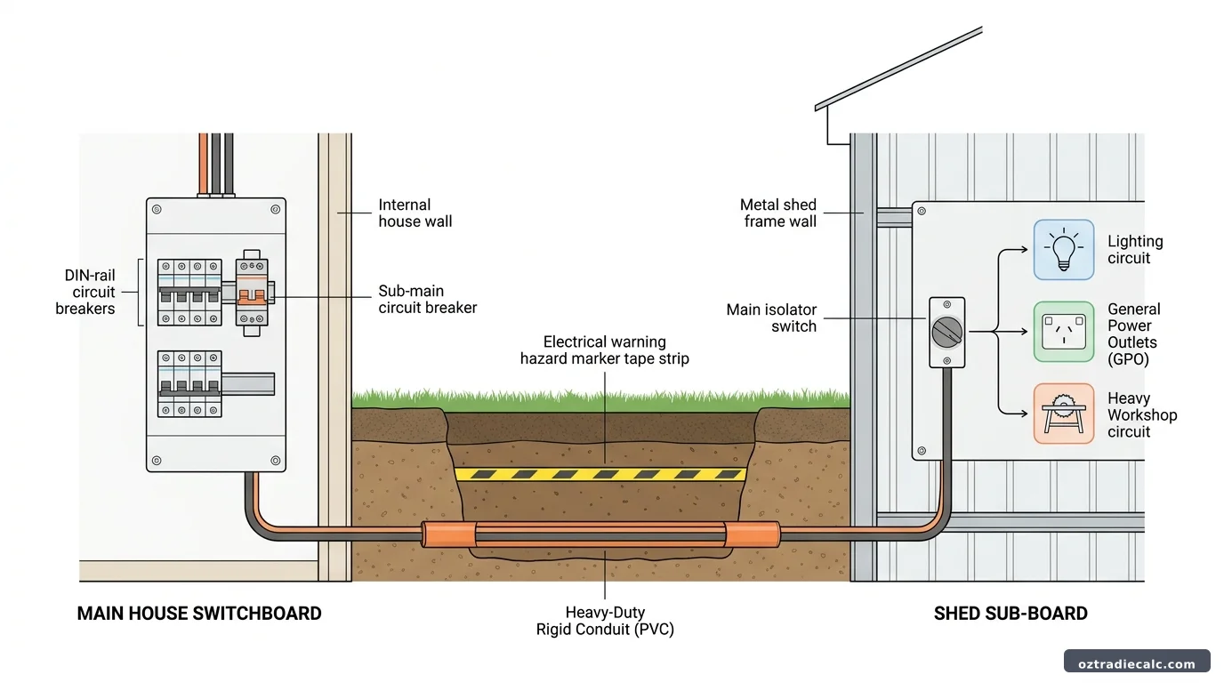 Australian shed electrical distribution schematic diagram showing main switchboard, underground trench, and shed sub-board