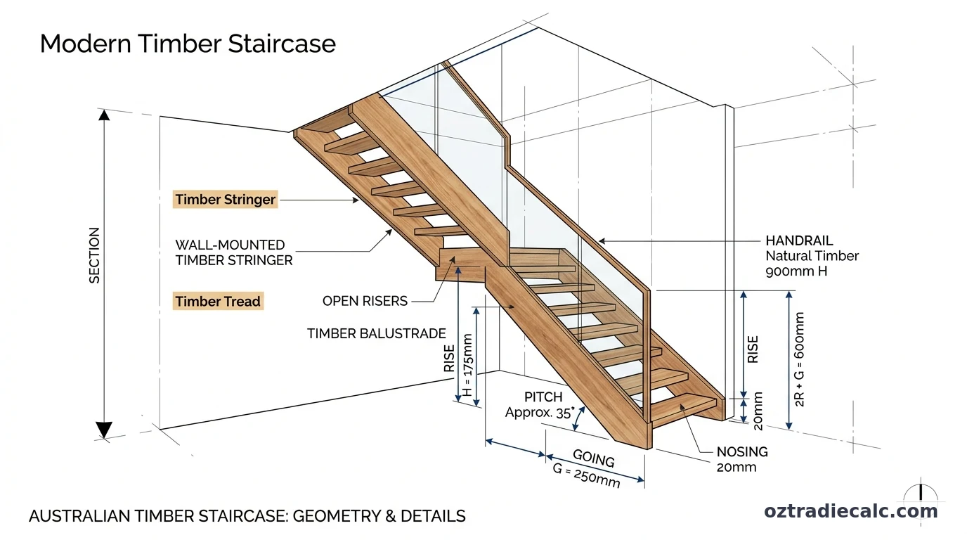 NCC 2R + G stair formula diagram showing riser height, going depth, stringer throat, and pitch angle geometry under AS 1657