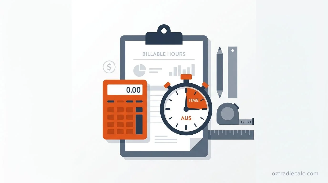 Australian tradie hourly rate formula diagram showing billable hours, business overheads, tax and profit calculations