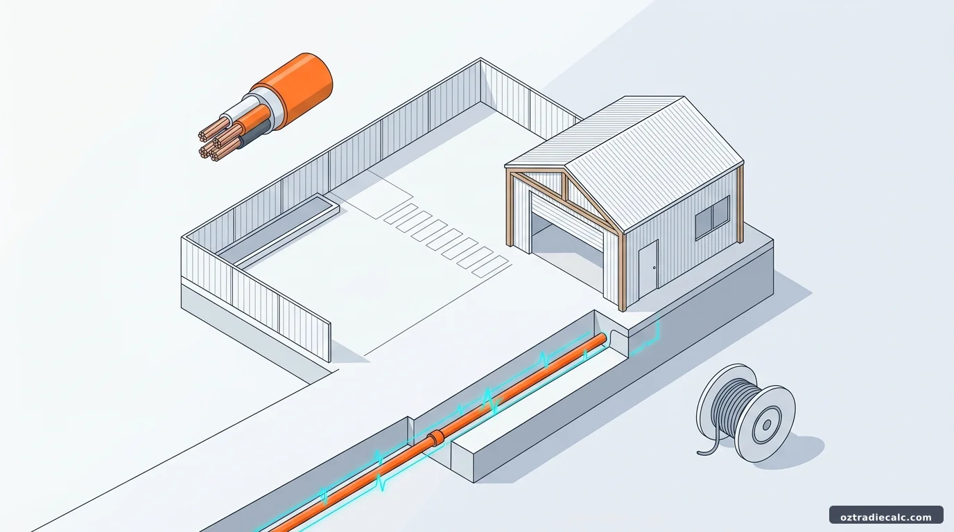 Shed power sub-main cable installation in Australia showing underground electrical conduit and workshop sub-board